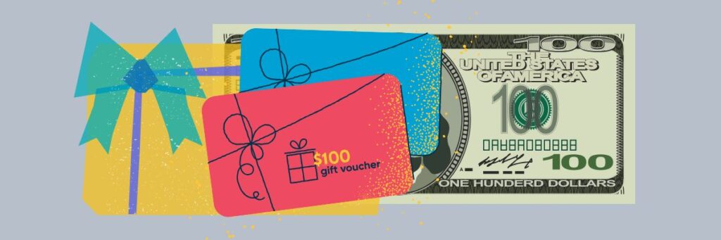 Illustration of a $100 bill with two colorful gift cards, one labeled '$100 gift voucher,' atop a gift box with a ribbon.