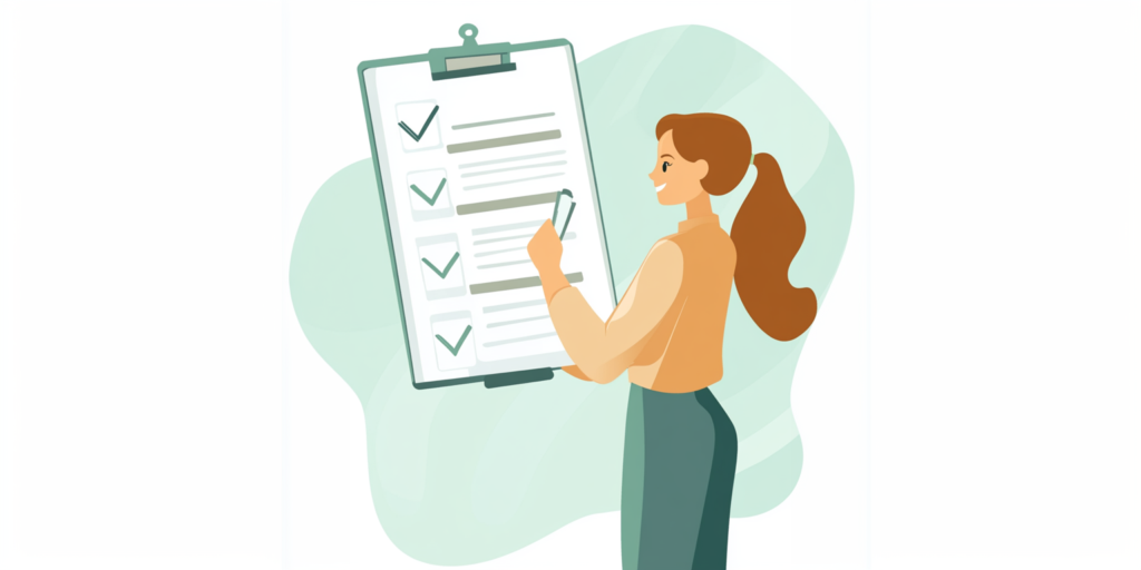 Illustration of a smiling woman holding a pen and checking off tasks on a large clipboard with multiple checkboxes, symbolizing productivity and organization.