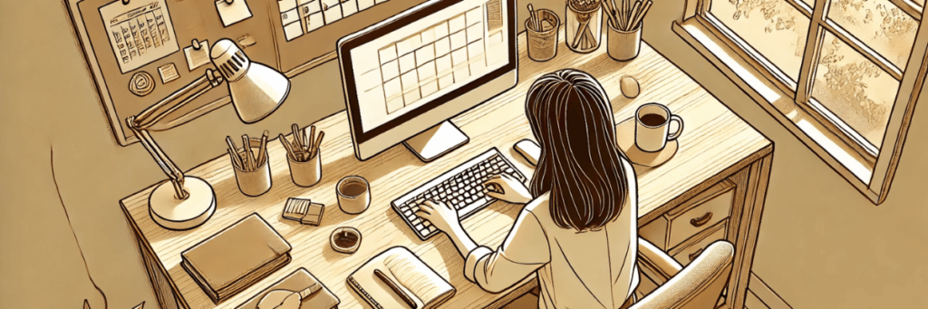 Illustration of a woman working at a neatly organized desk with a computer, calendar, and office supplies. She is typing on a keyboard with a cup of coffee beside her, surrounded by notebooks, stationery, and a desk lamp, creating a warm and productive workspace.