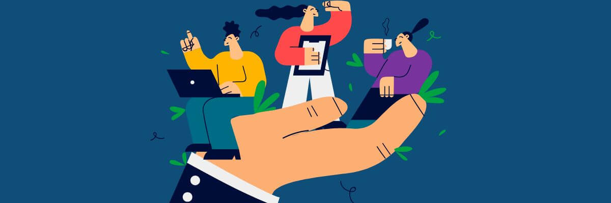 A large hand holds three stylized coworkers—one at a laptop, one with a clipboard, one sipping coffee—on a dark blue background, symbolizing leadership support.