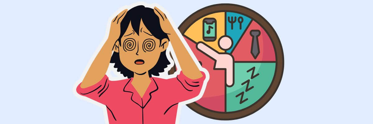 A cartoon woman clutches her head in distress as a segmented wheel behind her shows blocks of time for music (phone icon), meals (fork & knife), work (tie), and sleep (ZZZ), illustrating burnout from a packed routine.