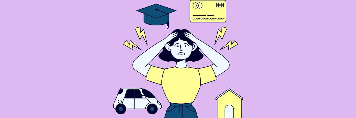 An anxious person holds their head surrounded by icons of a graduation cap, credit card, car, and house, with jagged lines indicating stress over life expenses.