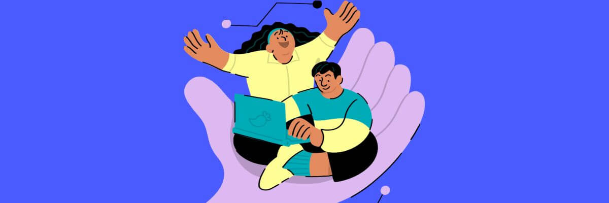 Colorful illustration of two people sitting on a large open hand—one holding a laptop and smiling, the other with arms raised in excitement—set against a bright blue background with digital circuit lines.