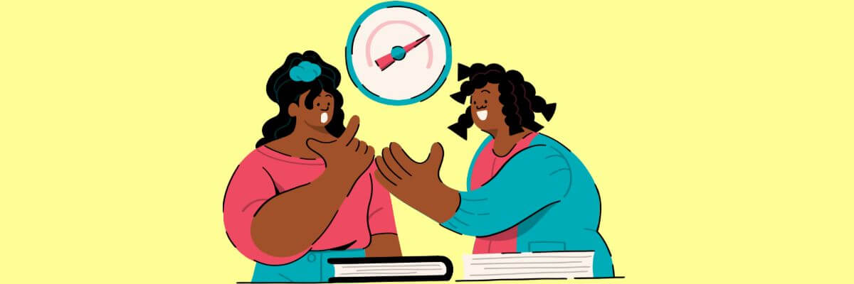 A cheerful illustration of two women talking enthusiastically across a table with books, while a gauge above them shows the needle rising—symbolizing motivation, energy, or progress.
