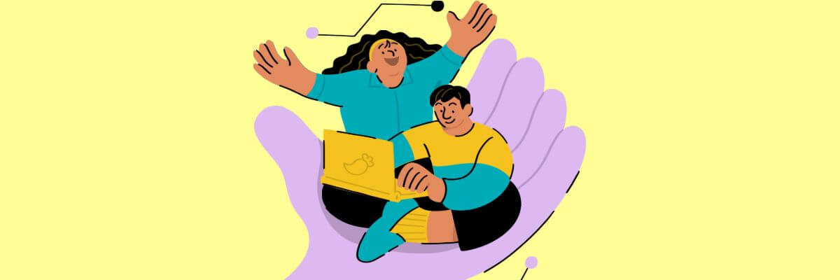 Cartoon-style illustration of two happy people sitting on a large open hand while using a laptop, surrounded by abstract tech-like lines on a yellow background.