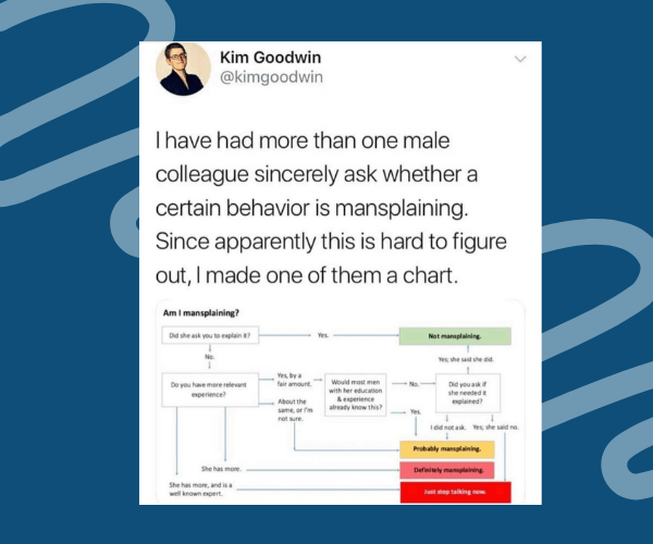 A tweet by Kim Goodwin reads, “I have had more than one male colleague sincerely ask whether a certain behavior is mansplaining. Since apparently this is hard to figure out, I made one of them a chart.” Below the tweet is a humorous flowchart titled "Am I mansplaining?" guiding readers through yes/no questions to determine if they are indeed mansplaining.