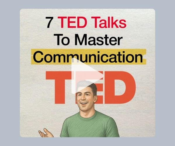 Illustration of a man in a green shirt with the text “7 TED Talks To Master Communication” above him, featuring the TED logo prominently in red.