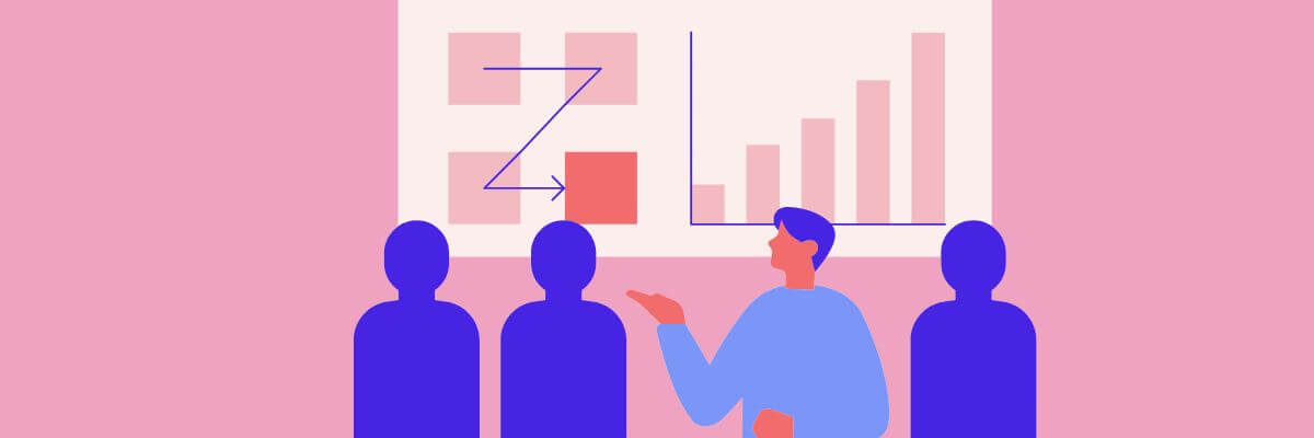 A flat-style illustration of a person giving a presentation to an audience, pointing to a screen with charts and a red square showing a downward trend arrow.