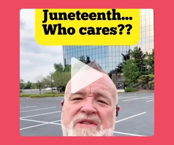 A man standing in an empty parking lot with a text overlay that reads “Juneteenth… Who cares??” in bold black letters on a yellow background.