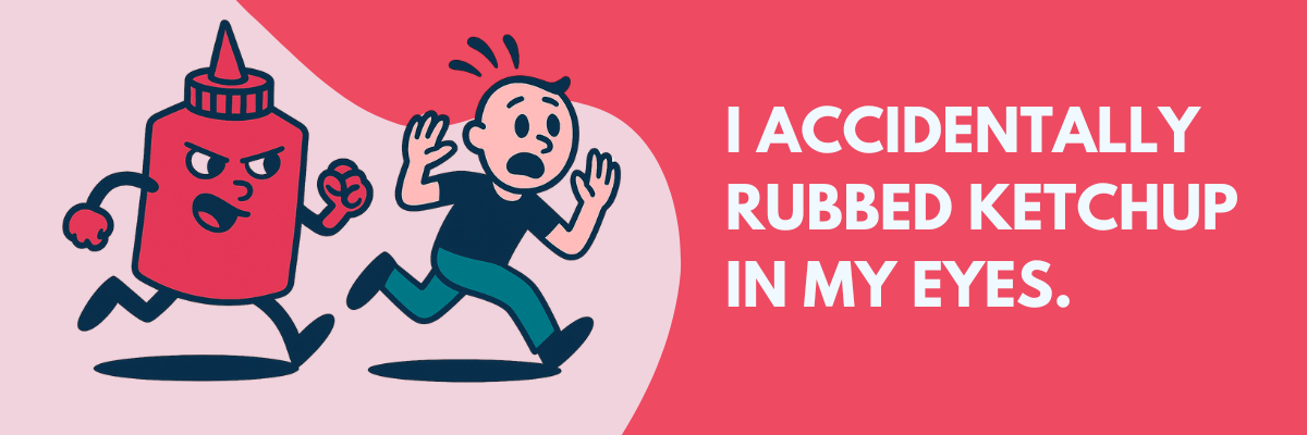 Cartoon of a person running away in fear from an angry ketchup bottle with arms and legs. Bold white text on a red background says, “I accidentally rubbed ketchup in my eyes.”