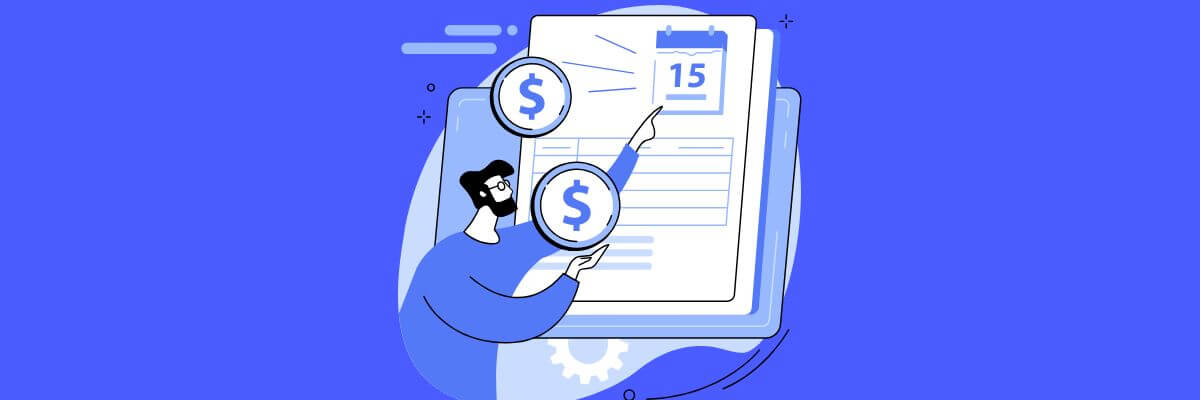 A stylized image of a person pointing to a large calendar and document, surrounded by dollar sign icons, suggesting budgeting or payday planning.