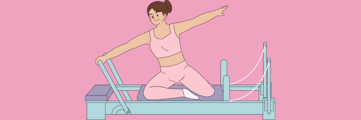 A cartoon woman in pink activewear doing a stretch on a light blue Pilates reformer machine, set against a pink background.