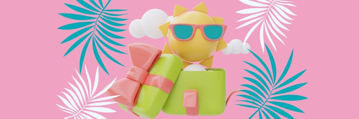 A playful 3D-style sun wearing sunglasses peeks out of a green beach bag with a gift box, set against a pink background with teal and white tropical leaves.