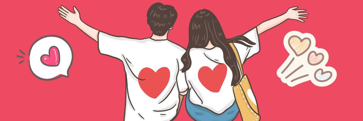 A cartoon of a couple wearing matching shirts with red hearts on the back, standing side by side with arms outstretched, surrounded by floating heart doodles.