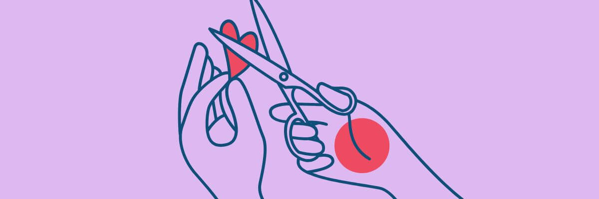 A minimalist illustration of one hand holding a heart while another hand uses scissors to cut it in half, set against a lavender background.