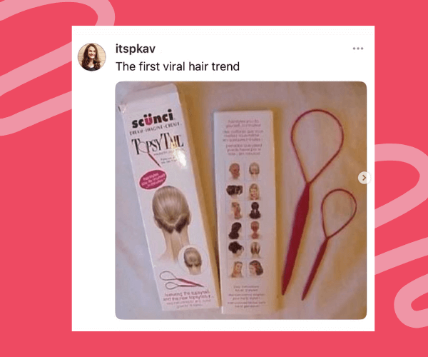 Screenshot of an Instagram post showing a vintage hair styling tool called the Topsy Tail, including the original packaging, styling guide, and two loop tools. The caption reads âThe first viral hair trend.â