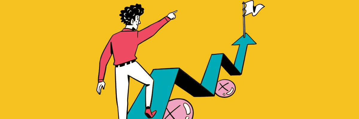 A person in a red shirt and white pants points forward while stepping onto a large upward arrow path. The path zigzags past pink emoji faces with Xs for eyes and leads to a white flag at the top, symbolizing progress despite setbacks. The background is bright yellow.