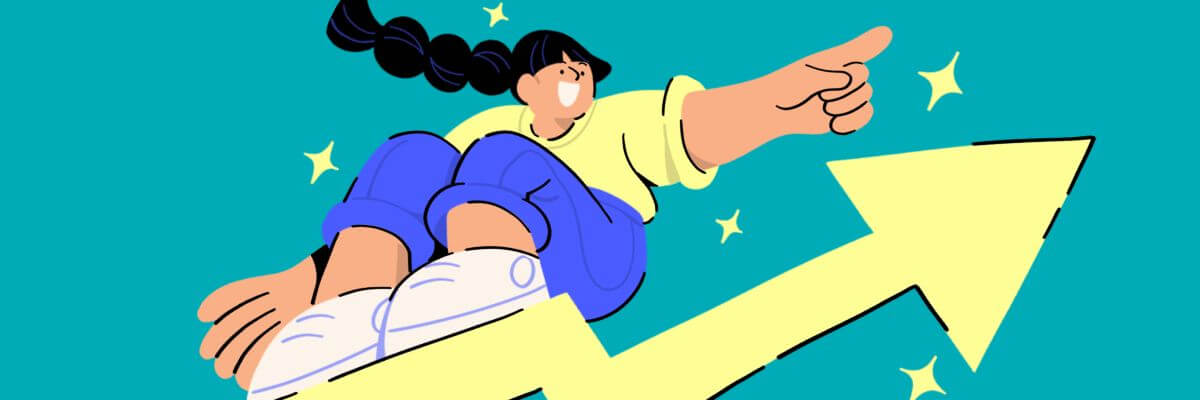 A woman with a long ponytail and roller skates is joyfully riding a large yellow upward arrow, pointing forward with determination. The background is teal with sparkling stars, symbolizing progress and momentum.
