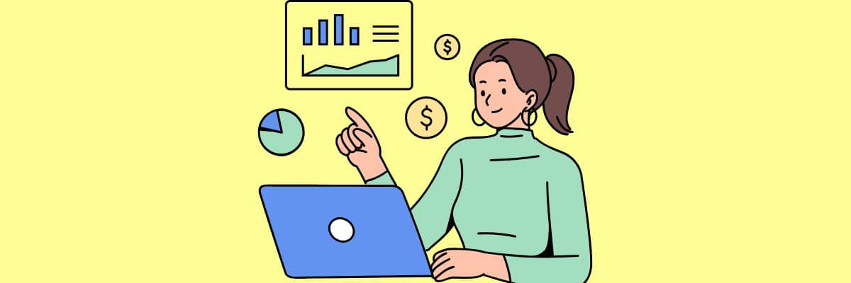 On a pale yellow background, a young woman with brown hair in a ponytail sits at a desk working on a blue laptop. She wears a mint-green sweater and large hoop earrings. To her left floats a small pie chart and two gold coins marked with dollar signs. Above her, a rectangular dashboard displays a bar chart, a line graph trending upward, and three horizontal lines of text. The overall feel suggests she’s reviewing financial or performance data.