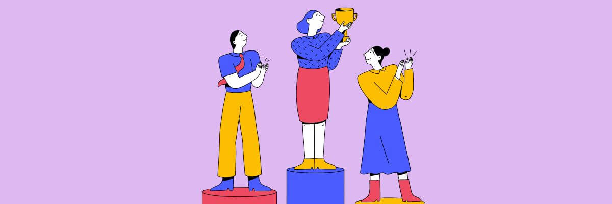 Three people stand on podiums of different heights, with the center person holding a trophy in the air while the others cheer and clap. The background is light purple, symbolizing celebration, success, and recognition.