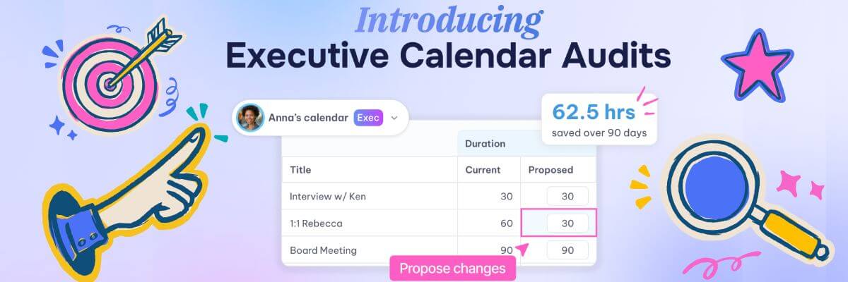 Colorful graphic promoting Executive Calendar Audits, showing a calendar with suggested time reductions for meetings, claiming 62.5 hours saved over 90 days, with playful icons like a target, magnifying glass, and a “Propose changes” button.