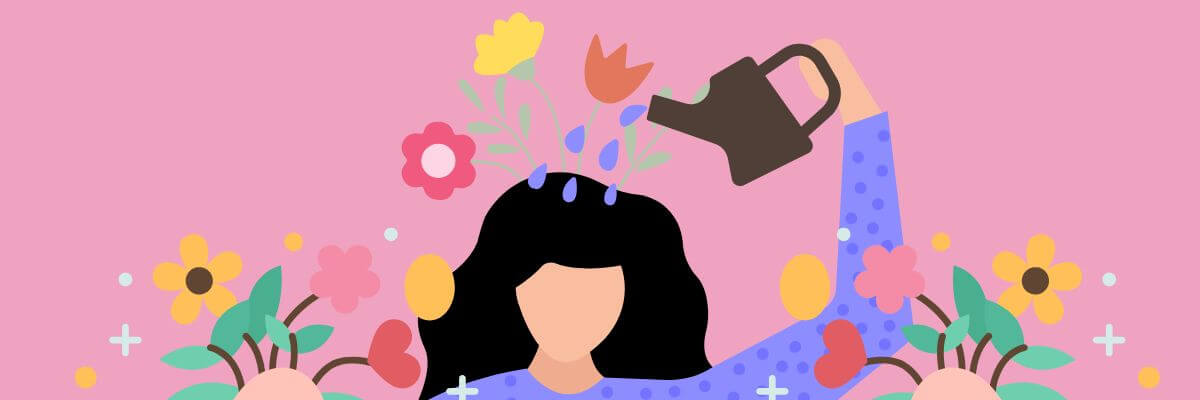 Illustration of a woman watering her own head with flowers blooming from it, symbolizing self-care and personal growth, surrounded by colorful flowers on a pink background.