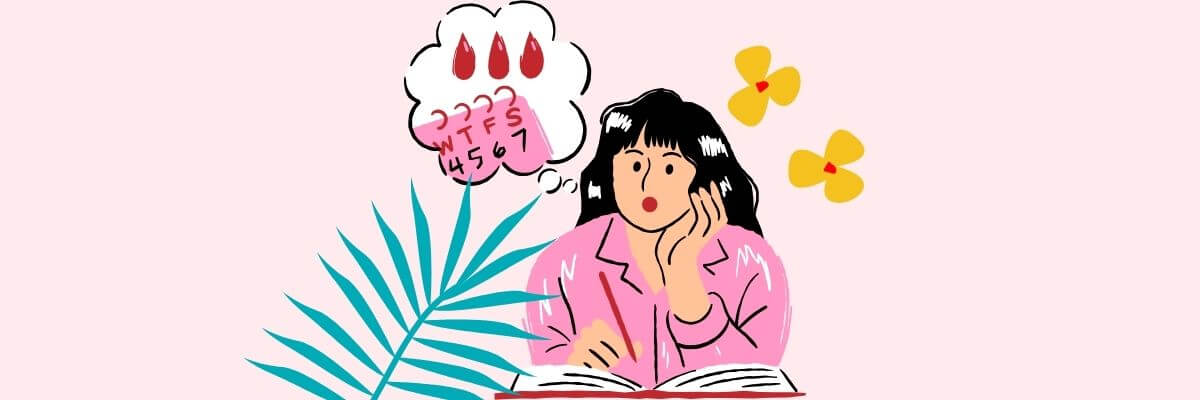 Illustration of a woman in a pink top sitting at a desk, looking concerned while holding a pencil and journal. A thought bubble above her shows a mini calendar with red blood drops and days marked "W T F S," suggesting she's tracking her period.