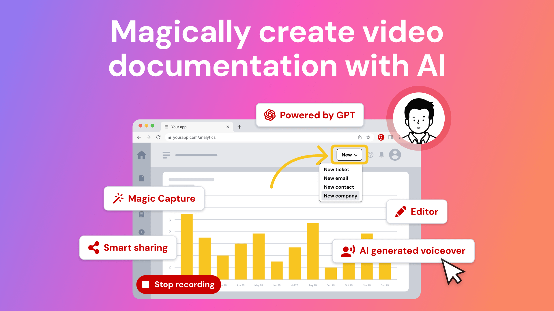A colorful promotional graphic with a gradient background that reads "Magically create video documentation with AI." The image shows a browser window interface with yellow bar graphs and a dropdown menu for creating new items like tickets or emails. Labels highlight features like "Magic Capture," "Smart sharing," "Editor," "AI generated voiceover," and "Powered by GPT." A cartoon avatar of a man is shown in a circle on the right.
