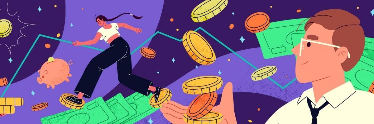 Colorful illustration of a woman walking on oversized money bills toward a floating piggy bank while a man in glasses and a tie watches, holding out his hand to catch falling coins, with a rising line graph in the background.