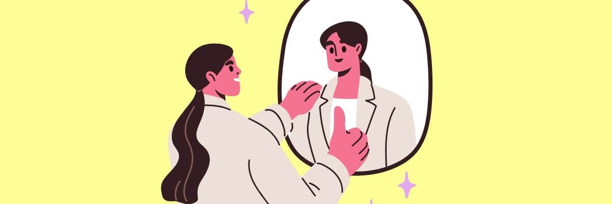 Illustration of a woman smiling at her reflection in a mirror, adjusting her blazer confidently, with a yellow background and sparkles around the mirror.