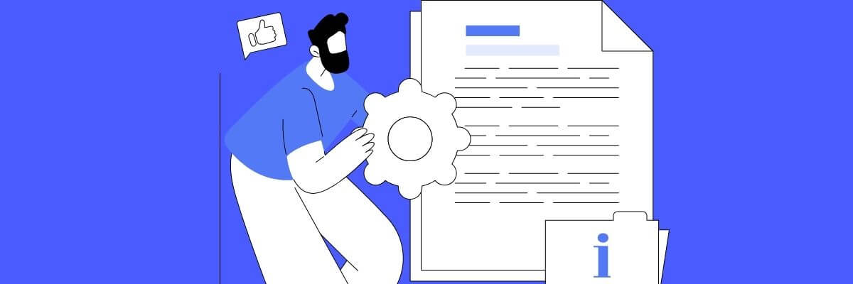 Illustrated man holding a gear in front of large documents, with a thumbs-up icon and an information folder nearby, symbolizing document management or system setup.