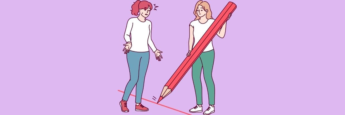 Illustration of a woman drawing a red boundary line with a giant pencil while another woman looks surprised, symbolizing setting personal boundaries.