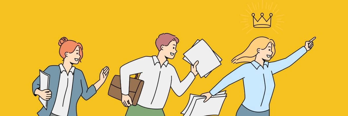 Cartoon illustration of three professionals happily running toward a glowing crown, with the woman in front leading the way and pointing ahead while holding papers.