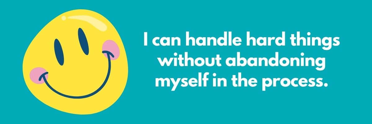 A smiling cartoon star wearing sunglasses and sneakers stands confidently beside the motivational quote, "I am not behind. I am exactly where I need to be to grow into the next version of me," set against a teal background with curved lines.