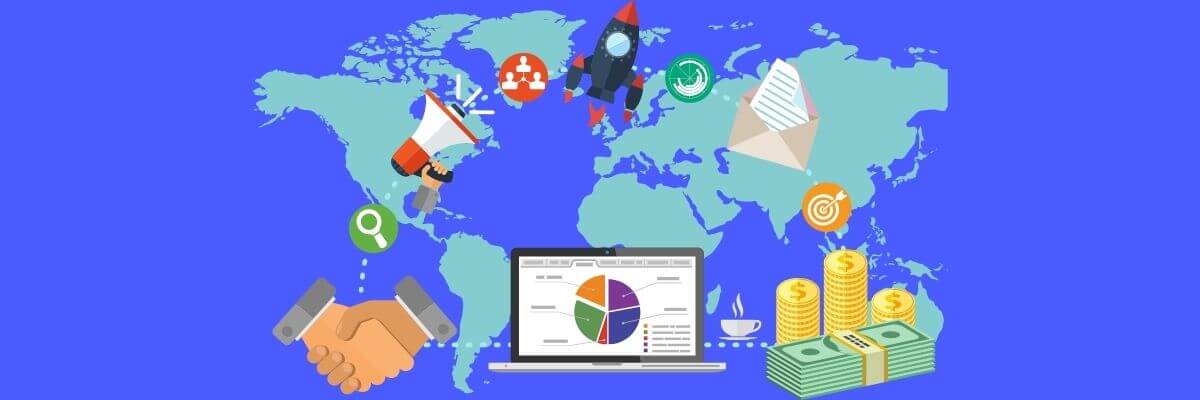 Illustration of global business elements over a world map, including a laptop with charts, rocket, handshake, money, megaphone, and marketing icons, symbolizing international growth and digital strategy.