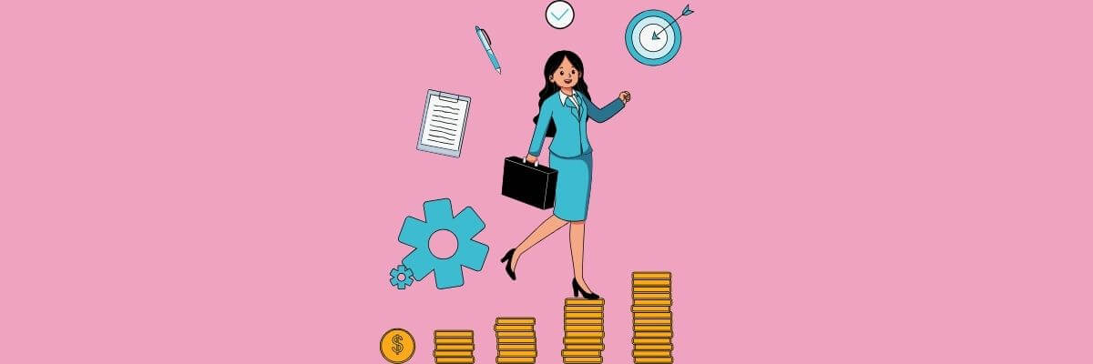 Illustration of a confident businesswoman walking up stacks of coins with icons of gears, a checklist, clock, and target floating around her, symbolizing career growth and productivity.