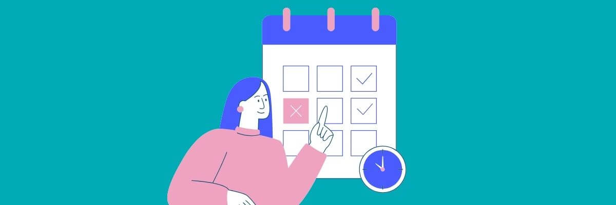 Illustration of a woman pointing at a large calendar with several checkmarks and one pink X, suggesting planning or scheduling tasks, with a small clock beside the calendar.