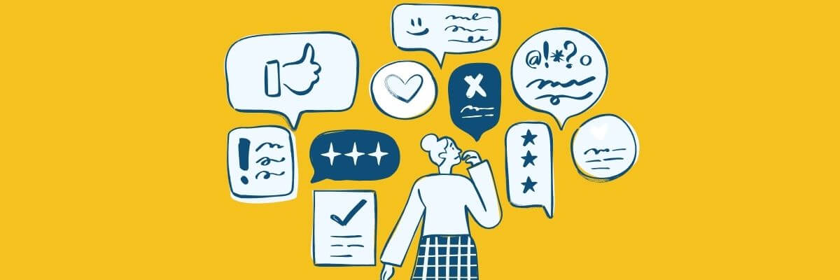 An illustrated person stands surrounded by speech bubbles containing various symbols like stars, a check mark, a heart, a thumbs-up, and scribbles—representing mixed feedback or communication. The background is a solid yellow.