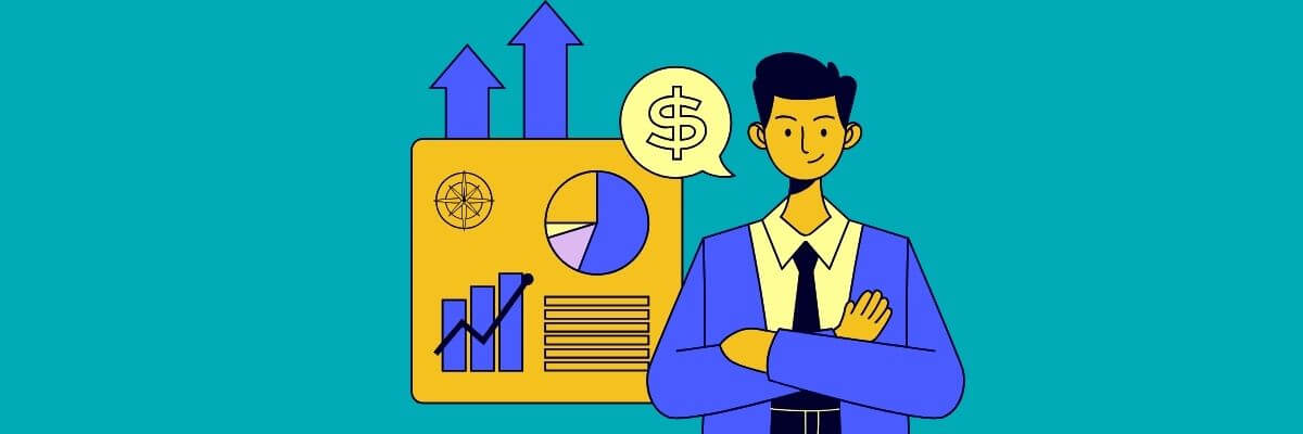 Cartoon-style illustration of a confident businessman in a suit standing with folded arms next to a large analytics board showing upward graphs, pie charts, and a dollar sign, symbolizing financial growth and success.