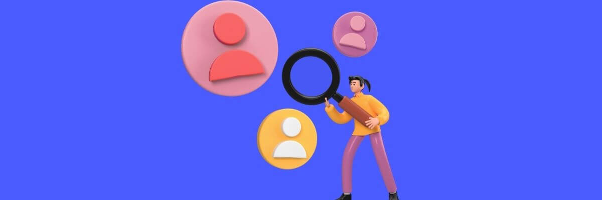 3D cartoon of a person holding a magnifying glass and examining large user profile icons, suggesting a search or recruitment concept.