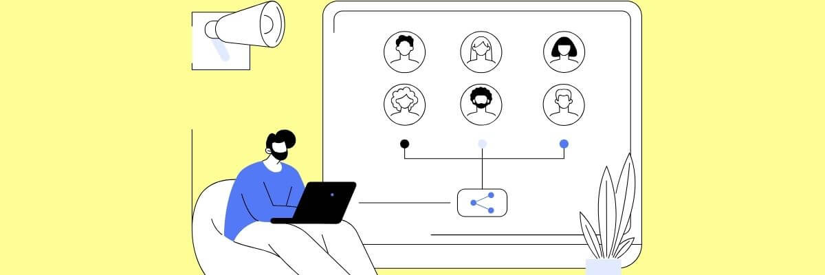 Illustration of a person sitting on a beanbag with a laptop, looking at a screen displaying a network of profile icons connected by lines, symbolizing digital collaboration or team communication.
