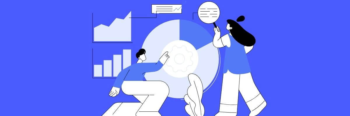 Illustration of two people analyzing data charts and a large pie graph, with gear and bar graph elements around them, all set against a bright blue background.