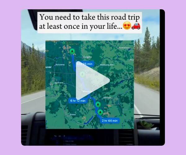 Video still of a scenic road trip through a forested highway with a map overlay showing driving routes and times; text at the top reads, “You need to take this road trip at least once in your life…” with heart-eyes and car emojis.