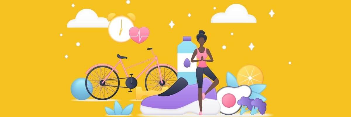 Colorful illustration of a woman in activewear standing in a yoga pose, surrounded by a bicycle, giant sneaker, water bottle, fruits, and health icons, all on a bright yellow background.