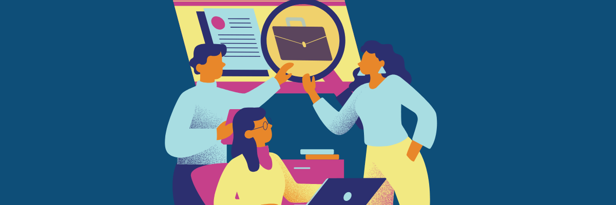 Illustrated scene of three professionals in discussion, two standing and one sitting at a desk with a laptop. They point to a large screen displaying a document and a magnifying glass over a briefcase icon, symbolizing job searching or project planning.