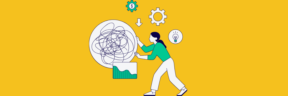 Illustration of a woman untangling a chaotic scribble inside a large circle, symbolizing problem-solving or sorting through confusion. Around her are icons of a graph, gear, dollar symbol, and lightbulb, all on a bright yellow background.