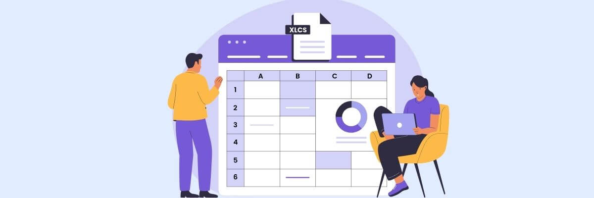 Illustration of a man and woman working with a large spreadsheet. The man stands beside the sheet in a yellow top and purple pants, while the woman sits on a chair with a laptop. A pie chart is visible in the sheet, and a document labeled "XLCS" sits on top, suggesting they're working on data or reports.