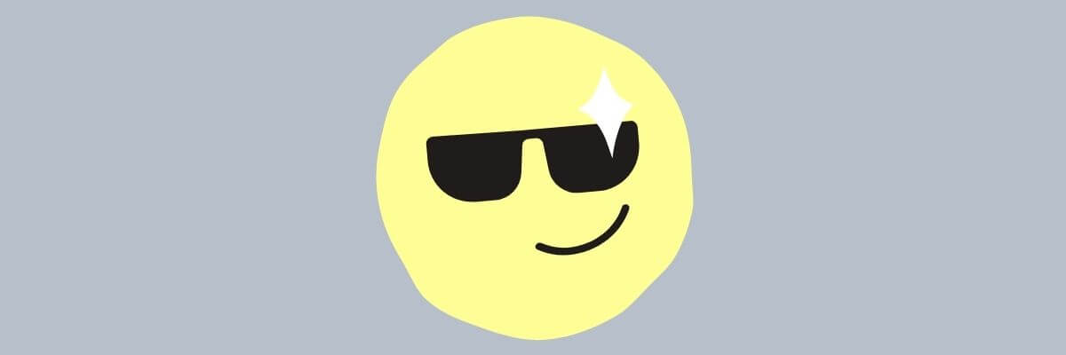 A simple hand-drawn yellow smiley face wearing black sunglasses with a sparkle, giving off a cool and confident vibe against a light gray background.