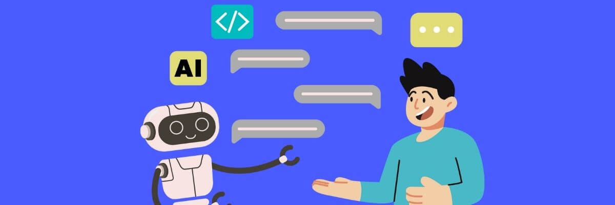 A friendly cartoon robot and a smiling man are chatting with floating message bubbles between them, surrounded by icons for AI, code, and conversation—representing human-AI interaction.