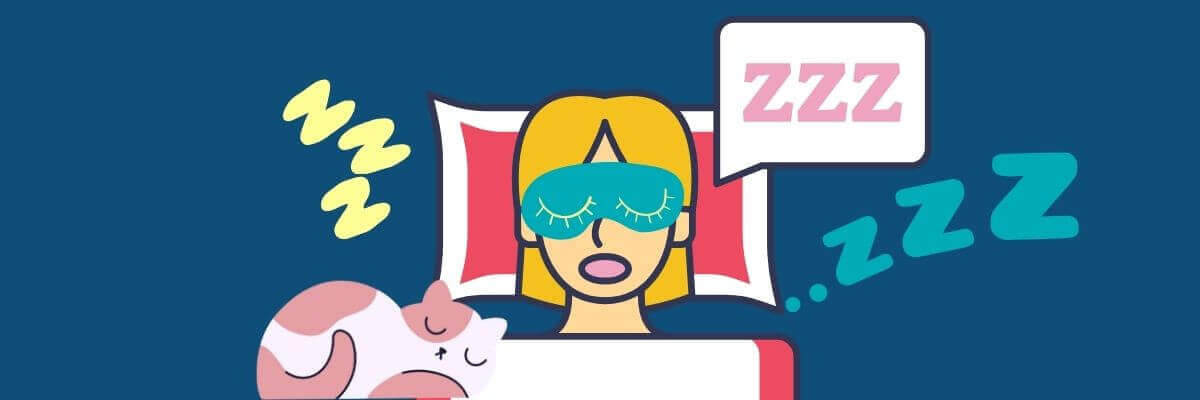 Illustration of a woman sleeping in bed with a teal sleep mask, next to a curled-up pink and white cat. A speech bubble and floating Z’s show she’s deep asleep.